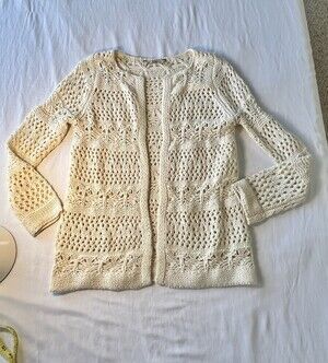 Soft Surroundings Open Weave Cardigan Sweater Shrug Beige S Classic Cottage Boho